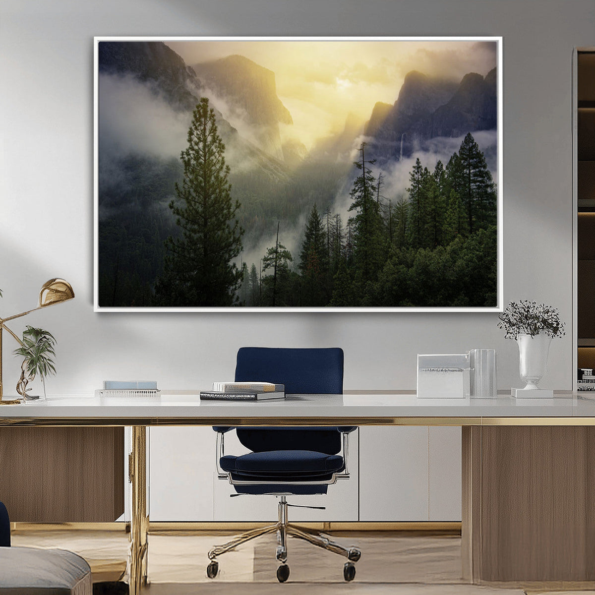 Misty Forest Sunrise Wall Art Canvas Print, Framed Mountain Valley Pine Trees