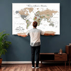 Custom Beige Push Pin World Map Wall Art, Bucket List Map, Study and Hallway Decor