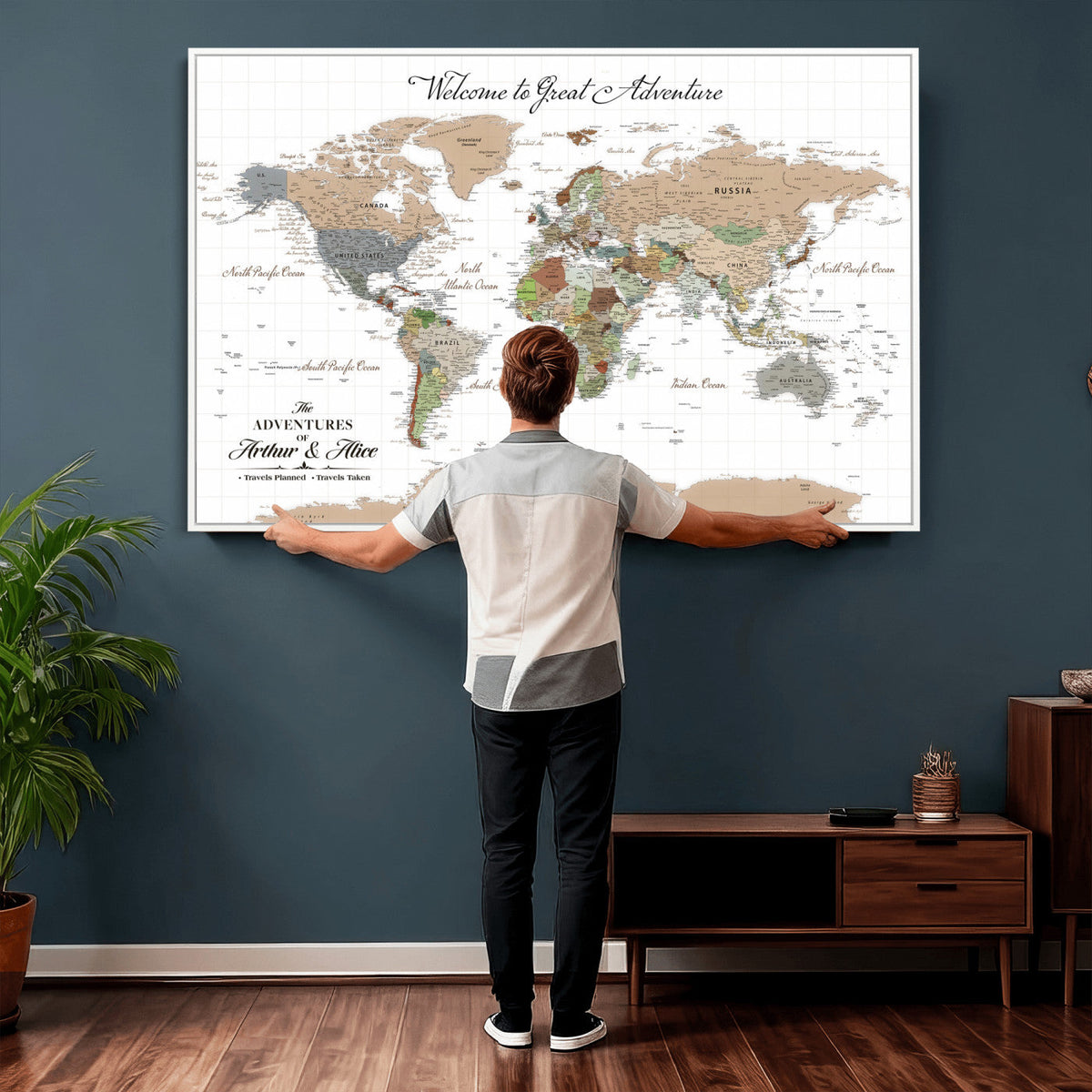 Custom Beige Push Pin World Map Wall Art, Bucket List Map, Study and Hallway Decor