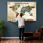 Personalized Beige Grunge World Map Canvas with Push Pins, Next Trip Planner Map, Family Room and Home Office Decor