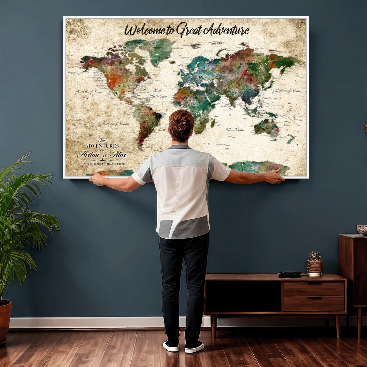 Personalized Beige Grunge World Map Canvas with Push Pins, Next Trip Planner Map, Family Room and Home Office Decor