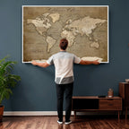 Custom Beige Modern Push Pin World Map Canvas Print, Family Travel Tracker, Dining Room and Home Office Decor