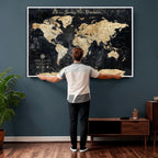 Personalized Framed Beige Push Pin World Map Wall Art, Bucket List Map, Living Room and Dining Room Decor