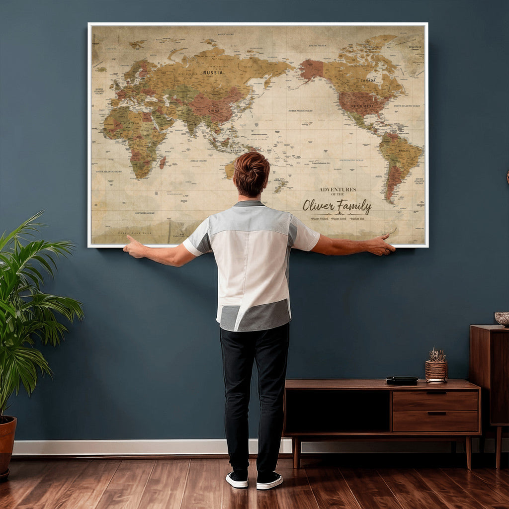 Personalized Framed Navy Modern World Map Canvas with Push Pins, Bucket List Map, Living Room and Entryway Decor