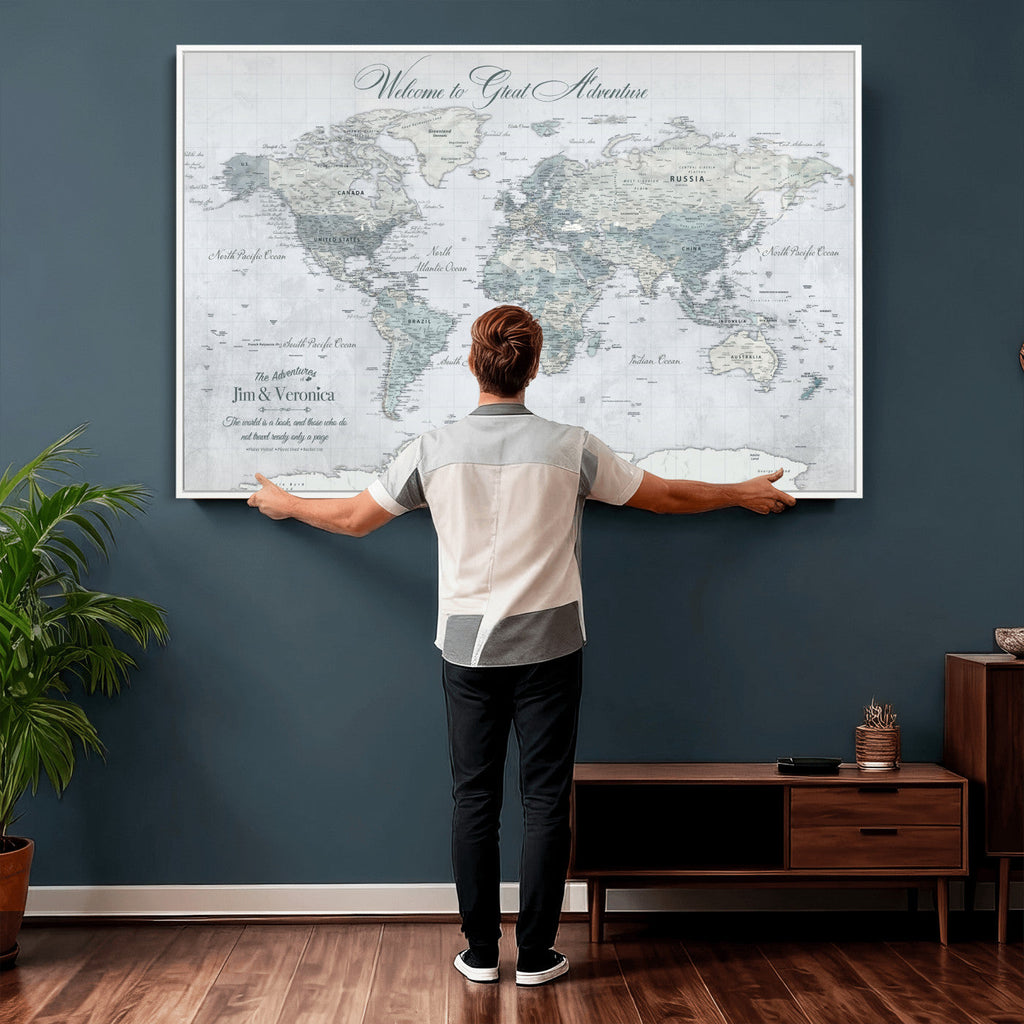 Personalized Beige Antique Push Pin World Map Canvas Print, Family Travel Tracker, Family Room and Entryway Decor