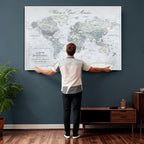 Personalized Beige Antique Push Pin World Map Canvas Print, Family Travel Tracker, Family Room and Entryway Decor