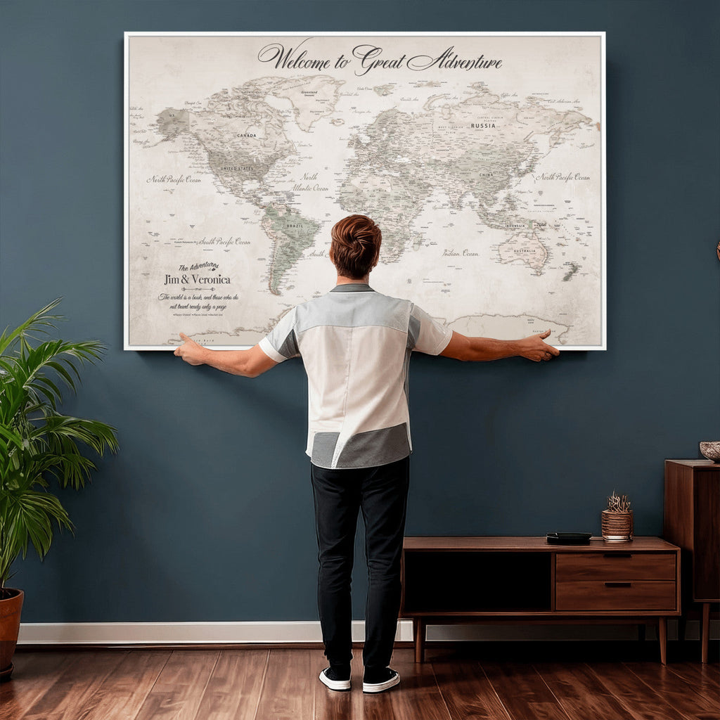 Personalized Beige World Map Canvas with Push Pins, Places Visited Tracker, Family Room and Entryway Decor