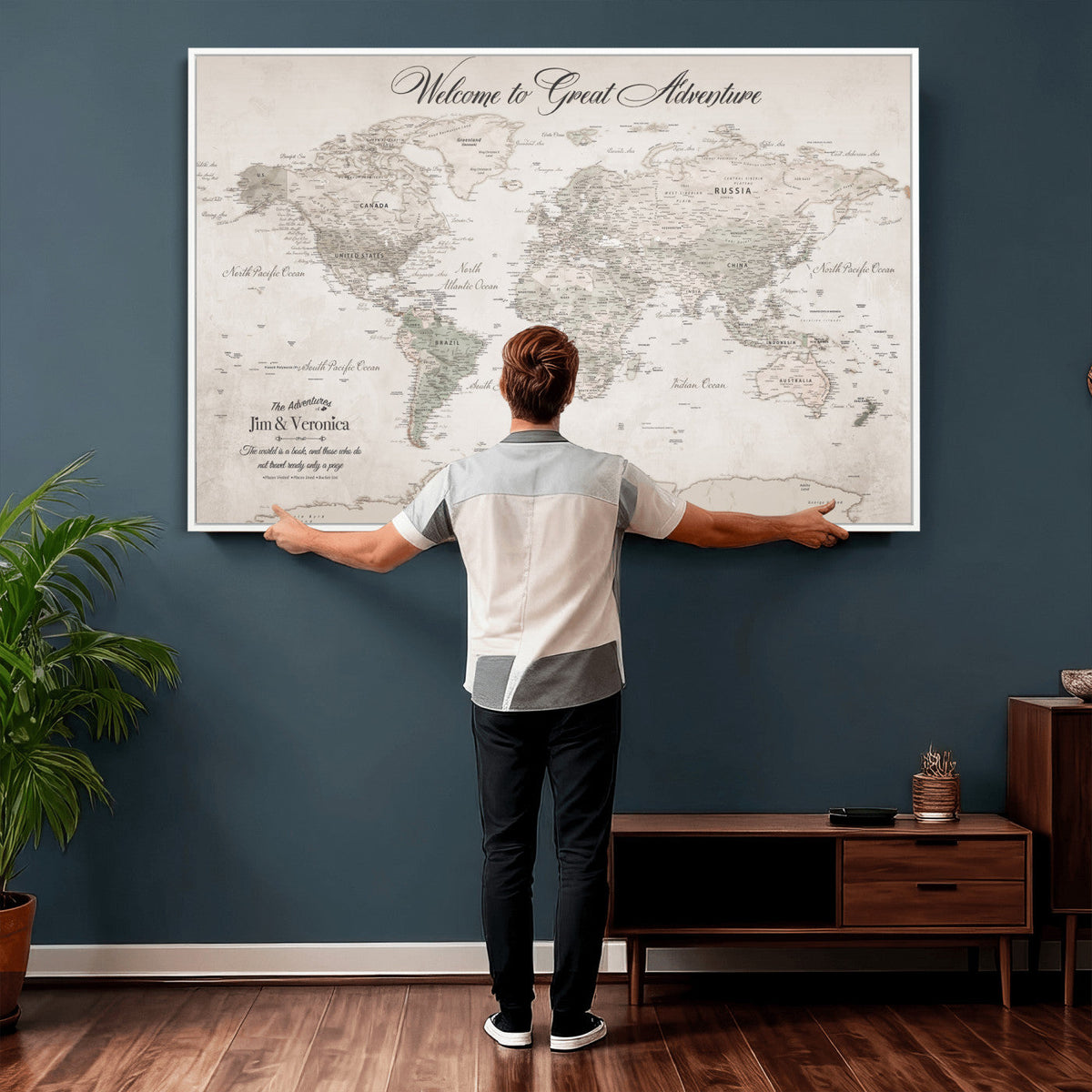 Personalized Beige World Map Canvas with Push Pins, Places Visited Tracker, Family Room and Entryway Decor
