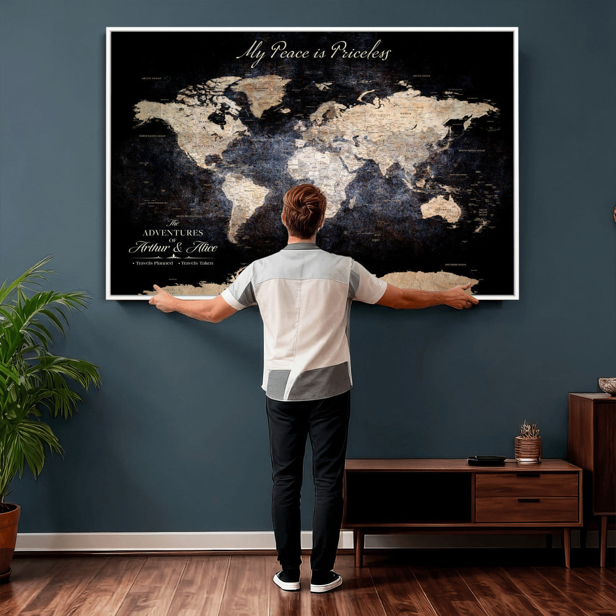 Personalized Beige World Map Canvas with Push Pins, Couples Countries Visited Map, Study and Hallway Decor