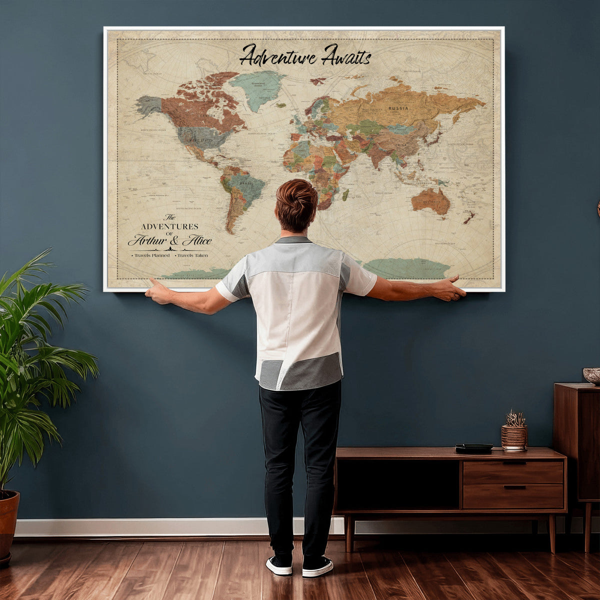 Custom Beige Push Pin World Map Canvas Print, Next Trip Planner Map, Family Room and Study Decor