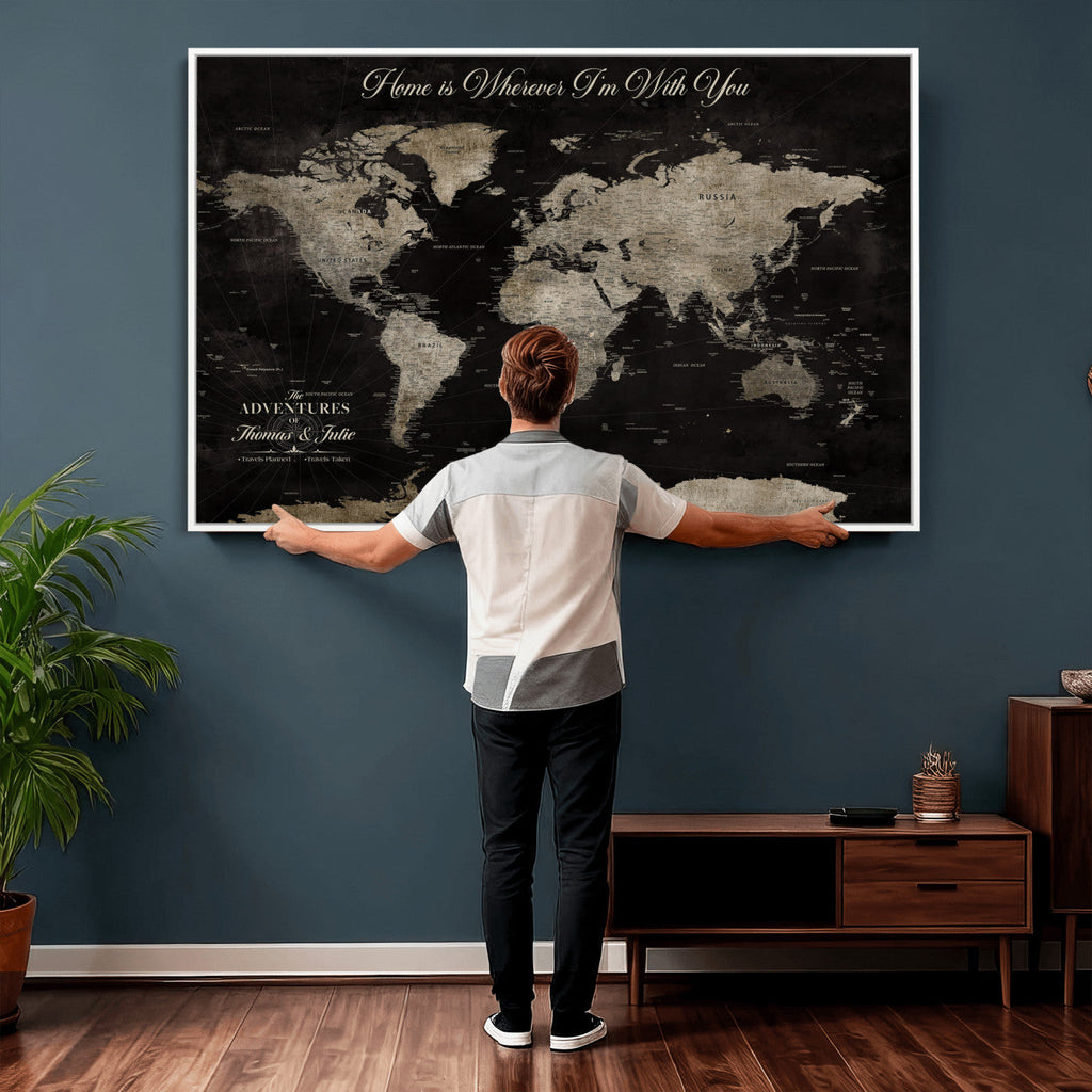 Personalized Framed Black Geometric World Map Canvas with Push Pins, Bucket List Map, Living Room and Dining Room Decor