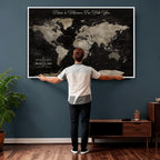 Personalized Framed Black Geometric World Map Canvas with Push Pins, Bucket List Map, Living Room and Dining Room Decor