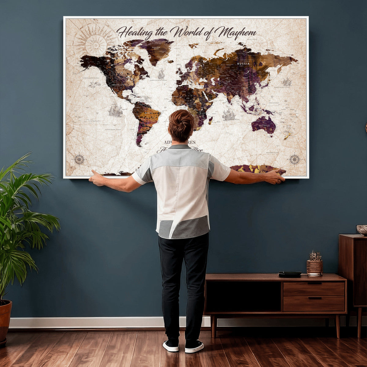 Personalized Framed Navy World Travel Map Wall Art with Pins, Honeymoon and Anniversary Gift, Living Room and Bedroom Decor