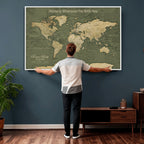 Personalized Framed Beige Geometric Push Pin World Map Canvas Print, Honeymoon and Anniversary Gift, Dining Room and Bedroom Decor