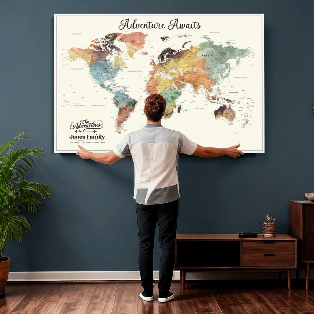 Custom Beige World Map Canvas with Push Pins, Honeymoon and Anniversary Gift, Dining Room and Entryway Decor