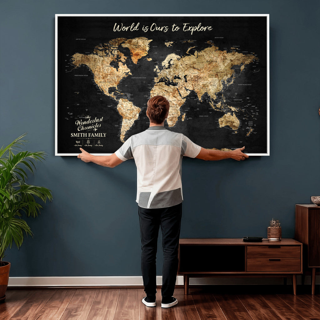 Personalized Framed Black Beige Modern World Travel Map Wall Art with Pins, Bucket List Map, Living Room and Hallway Decor
