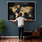 Personalized Framed Black Beige Modern World Travel Map Wall Art with Pins, Bucket List Map, Living Room and Hallway Decor