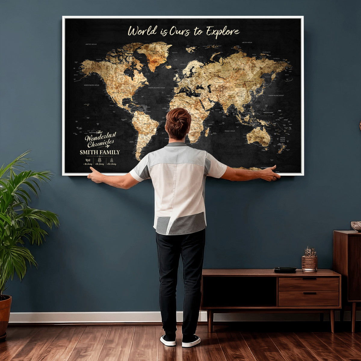 Personalized Framed Black Beige Modern World Travel Map Wall Art with Pins, Bucket List Map, Living Room and Hallway Decor