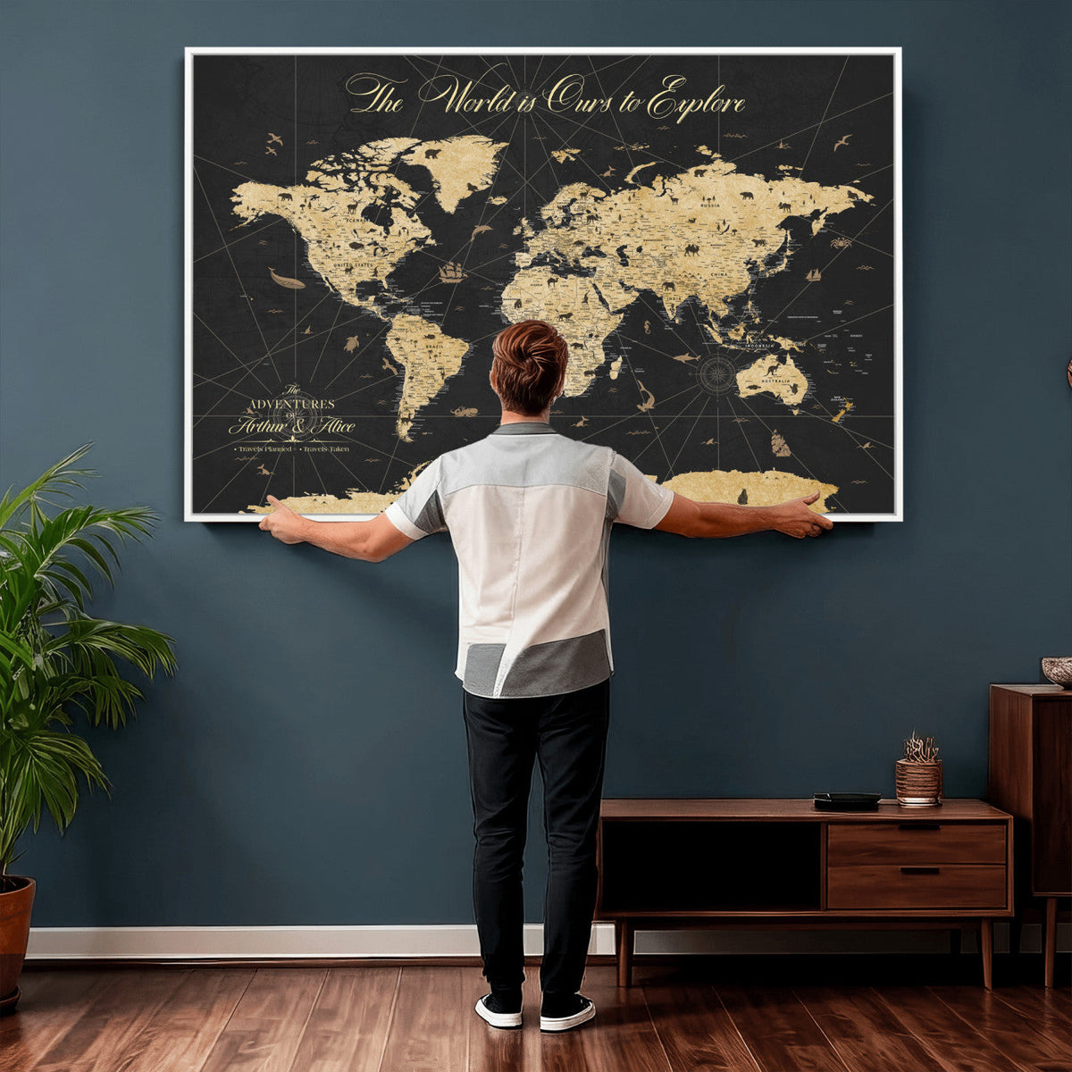 Custom Push Pin World Map Canvas Print, Couples Countries Visited Map, Living Room and Home Office Decor