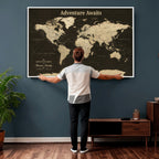 Custom Beige Push Pin World Map Wall Art, Next Trip Planner Map, Living Room and Home Office Decor