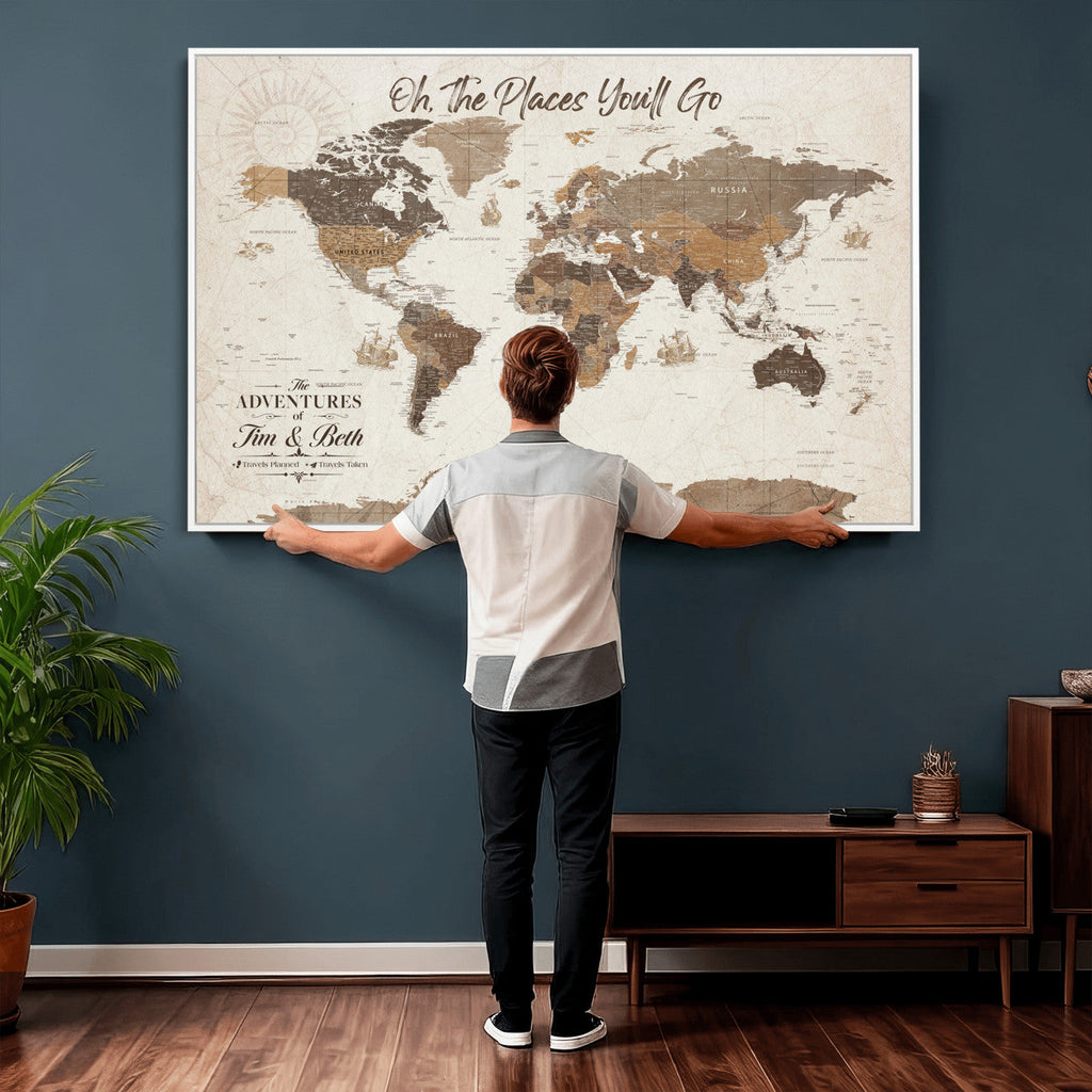 Custom Beige World Travel Map Wall Art with Pins, Couples Countries Visited Map, Living Room and Study Decor