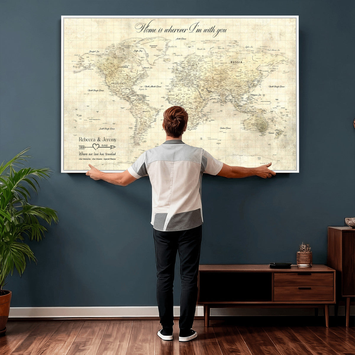 Personalized Beige Modern Push Pin World Map Wall Art, Honeymoon and Anniversary Gift, Bedroom and Study Decor