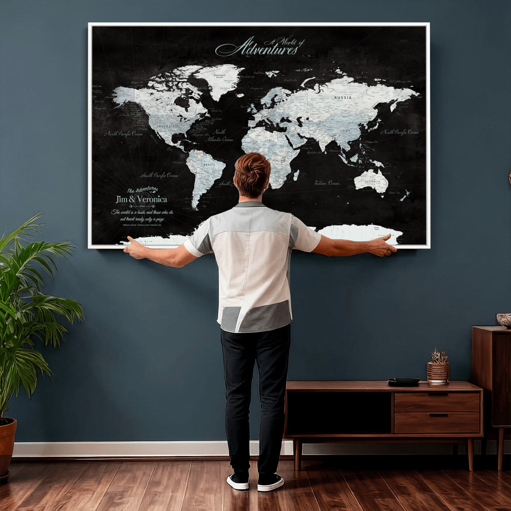 Custom Beige World Travel Map Wall Art with Pins, Places Visited Tracker, Bedroom and Home Office Decor