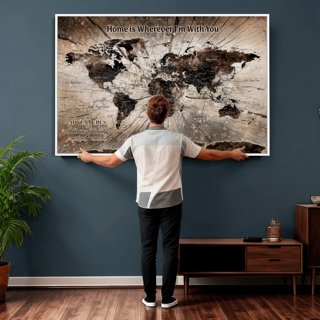 Personalized Push Pin World Map Wall Art Canvas Print, Customizable Framed Travel Map - NEWMAP-085