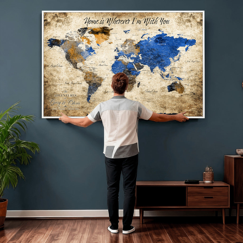Personalized Framed Beige World Map Canvas with Push Pins, Honeymoon and Anniversary Gift, Living Room and Home Office Decor