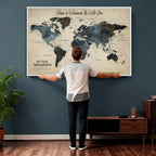 Personalized Framed Black Modern Push Pin Travel Map Canvas Print, Family Travel Tracker, Home Office and Entryway Decor