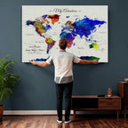 Detailed Custom Framed Beige Modern World Map Canvas with Push Pins, Honeymoon and Anniversary Gift, Dining Room and Home Office Decor