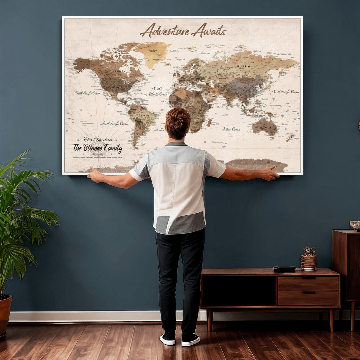 Personalized Framed White Modern Push Pin Travel Map Canvas Print, Bucket List Map, Dining Room and Study Decor
