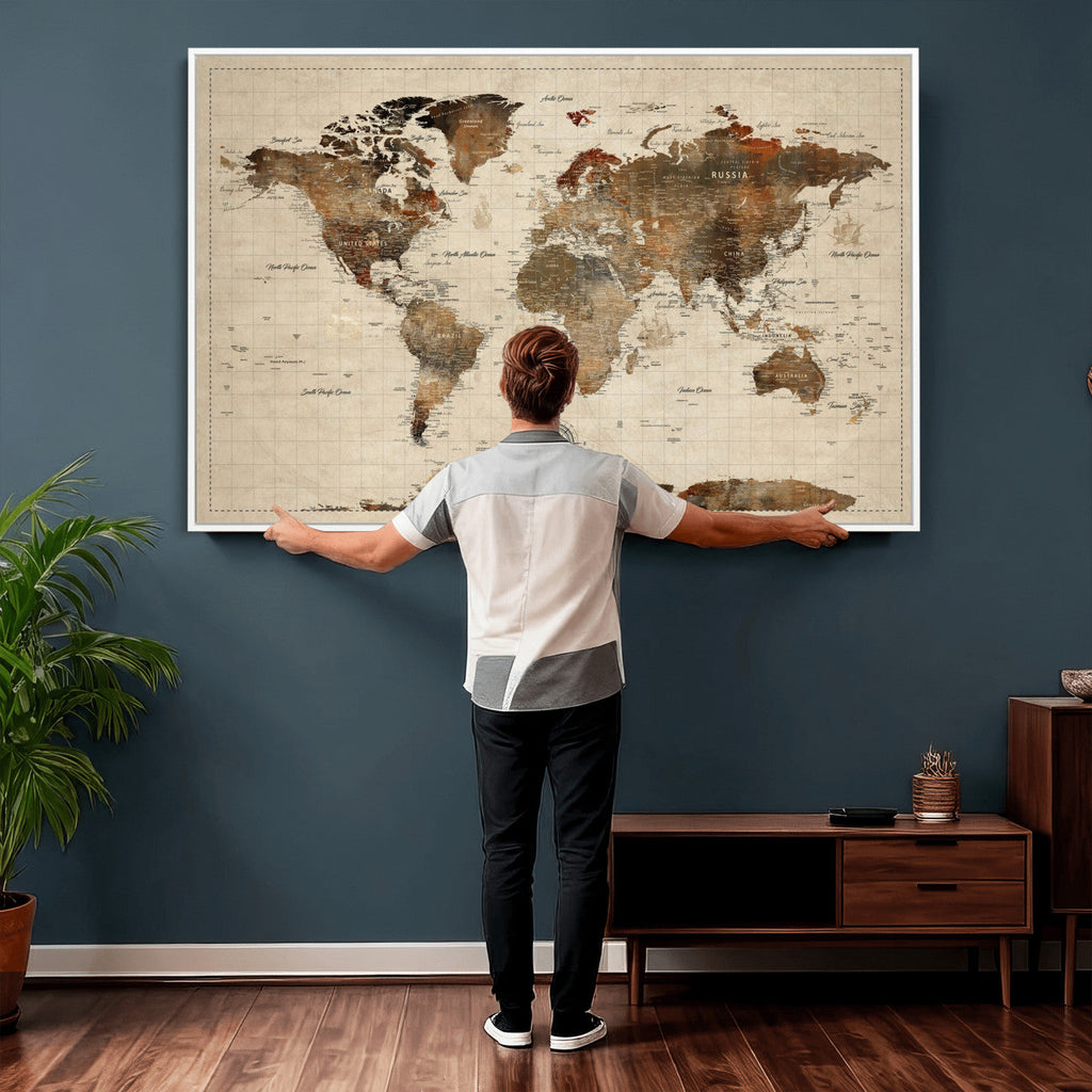 Vibrant Earth Tone World Map Canvas Print | Framed Detailed Map of the World