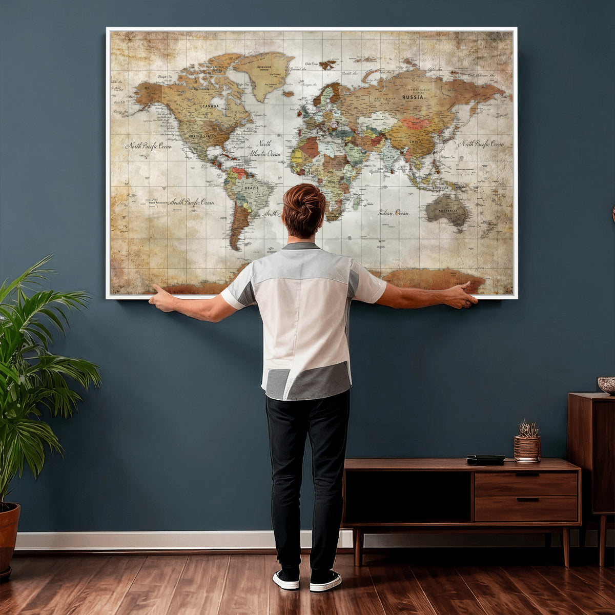 Custom Framed Modern Push Pin World Map Wall Art, Places Visited Tracker, Home Office and Entryway Decor
