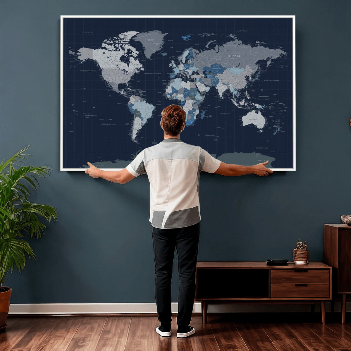 Blue Detailed World Map Wall Art Canvas Print | Modern Framed Map