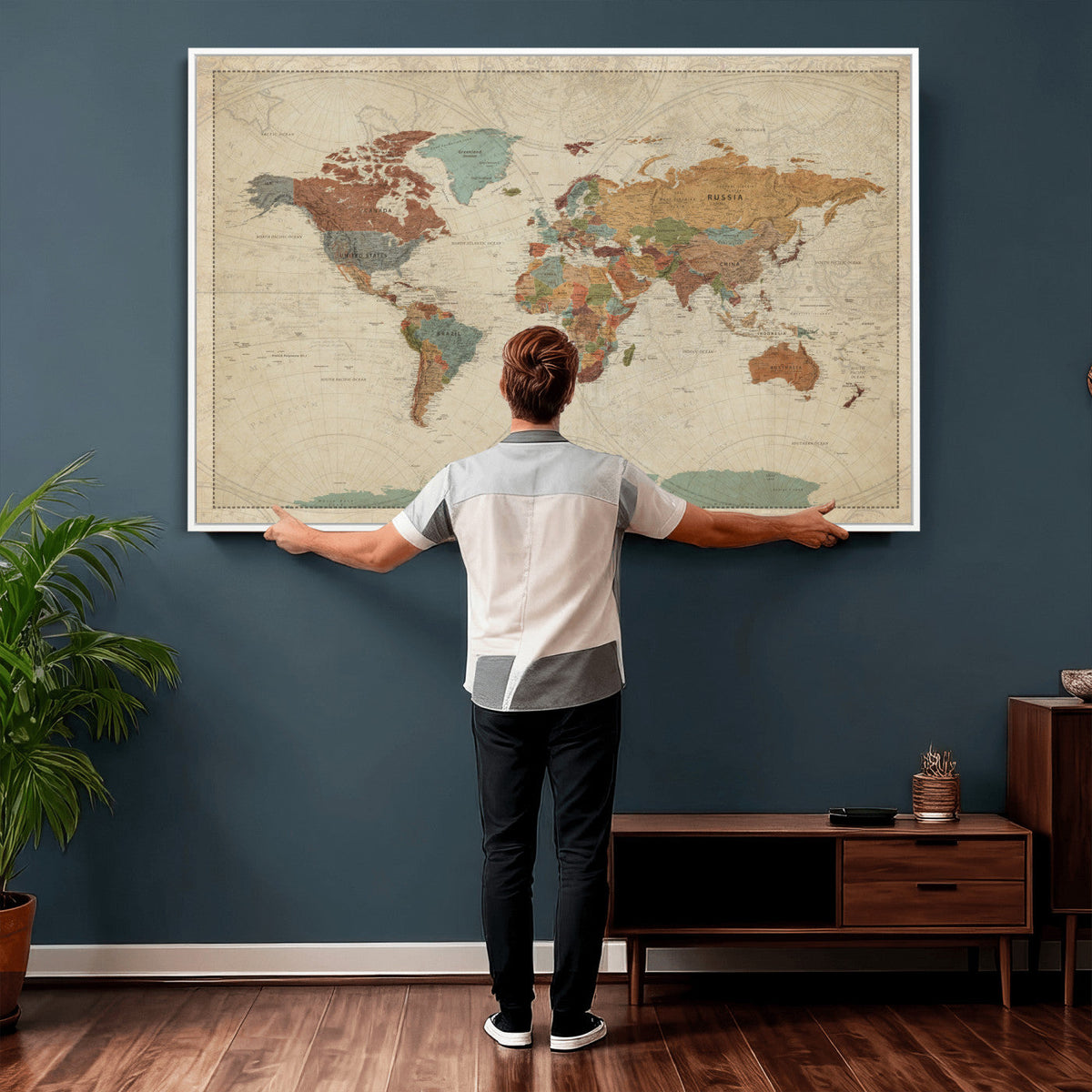 Vintage World Map Canvas Wall Art Print | Framed Modern World Map