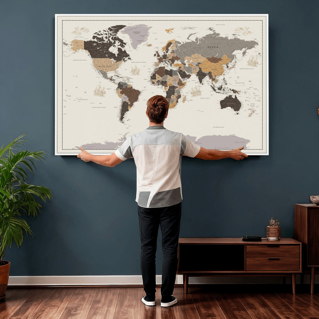 Custom Beige Modern Push Pin World Map Canvas Print, Places Visited Tracker, Bedroom and Study Decor