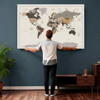 Custom Beige Modern Push Pin World Map Canvas Print, Places Visited Tracker, Bedroom and Study Decor