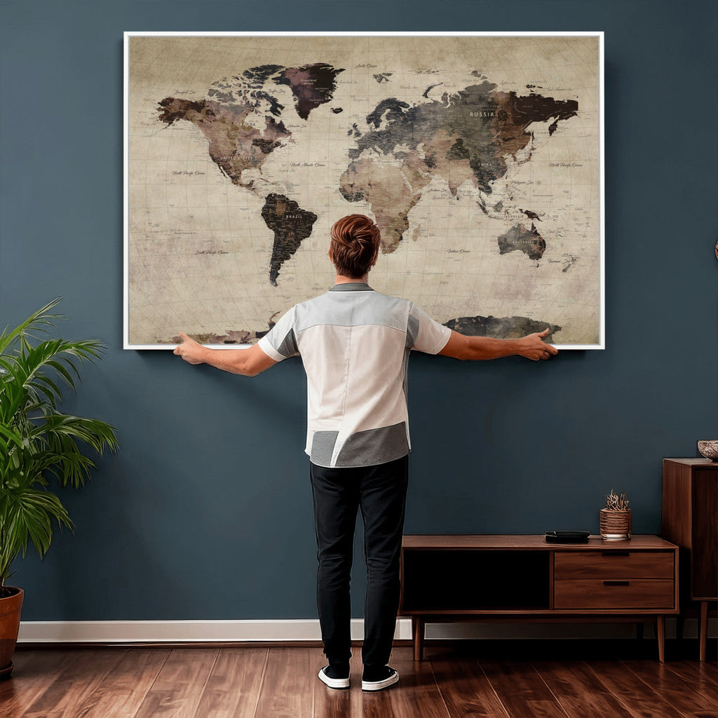 World Map Canvas Print, Detailed Map of the World, Adventure Gift for Couples and Anniversaries