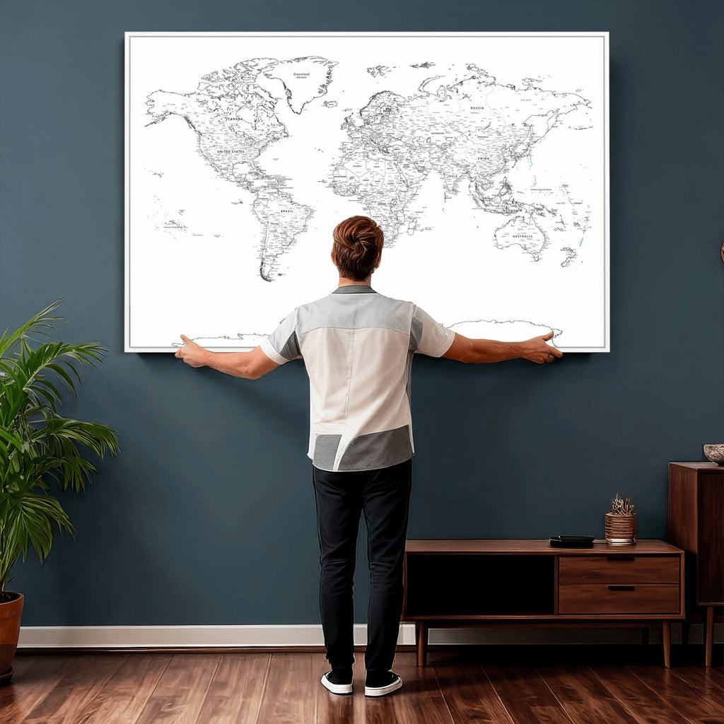 World Map Canvas Print, Framed Modern Detailed Map of the World for Home or Office
