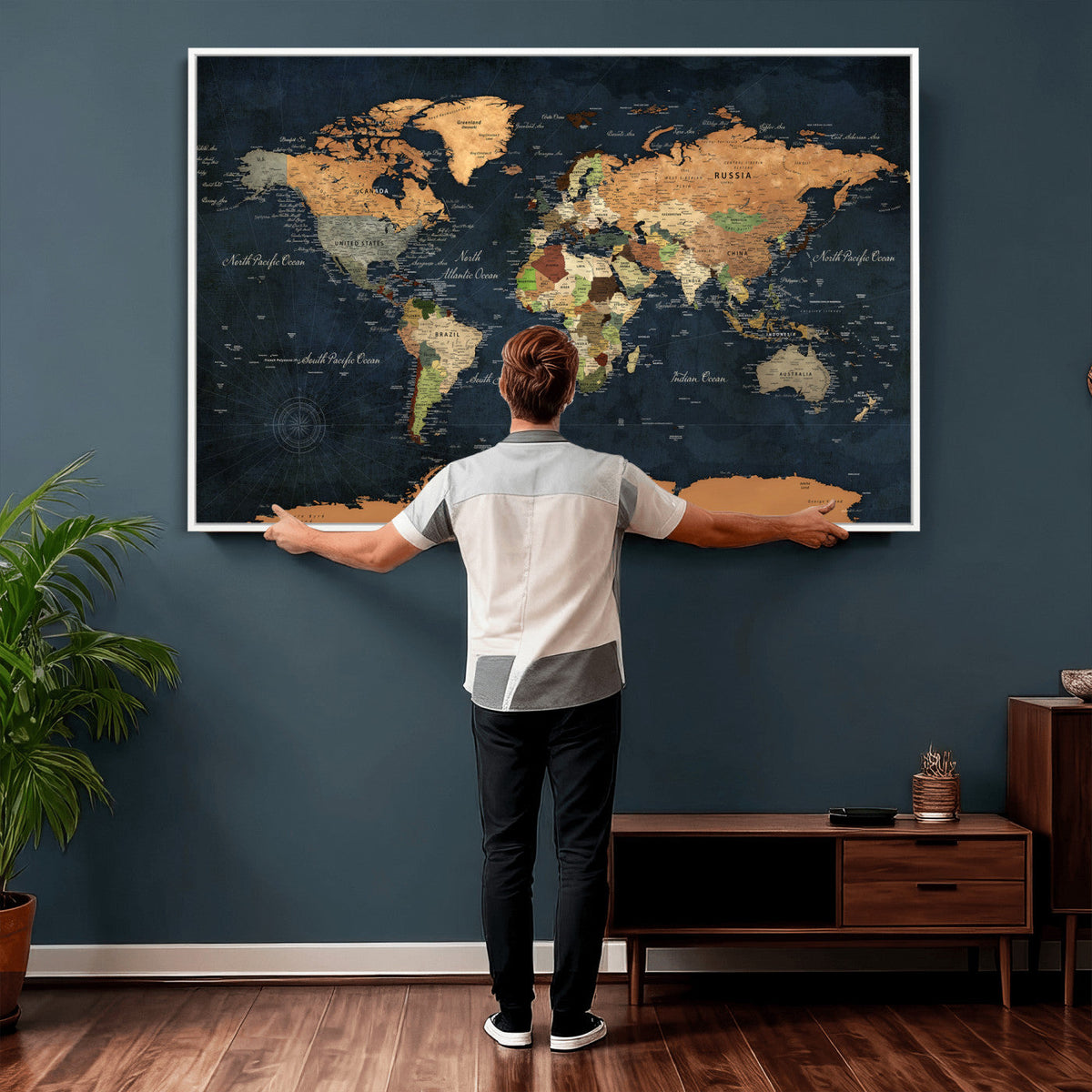 Vintage World Map Canvas Wall Art | Detailed Map with Countries, Oceans and Continents