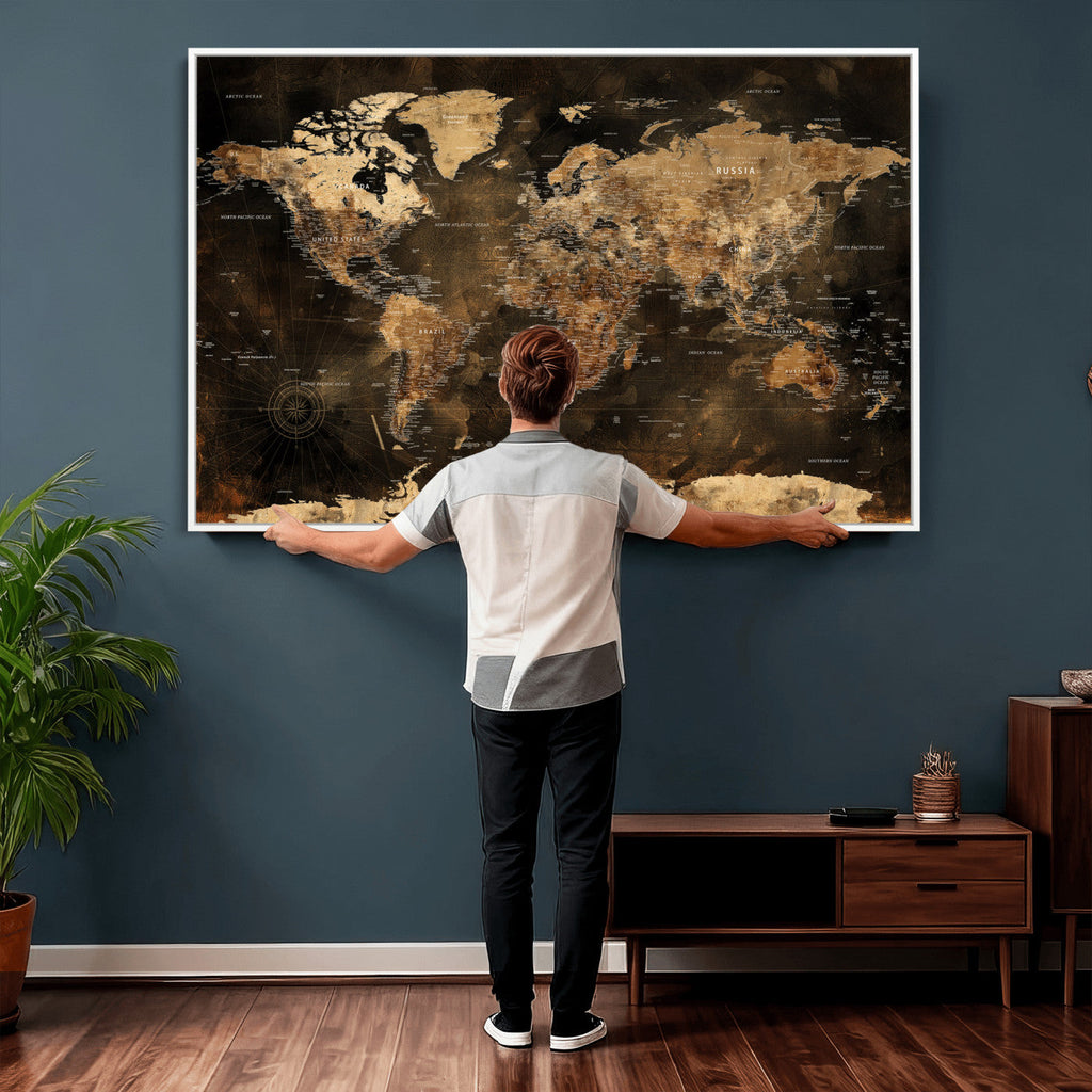 World Map Canvas Print, Modern Decorative Framed Map Artwork
