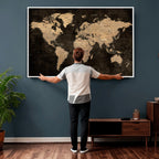 Brown World Map Canvas Print | Modern Travel Map Wall Art