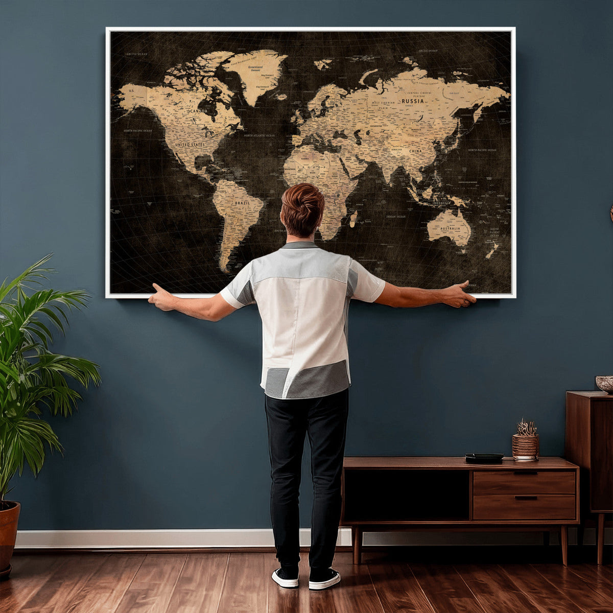 Brown World Map Canvas Print | Modern Travel Map Wall Art