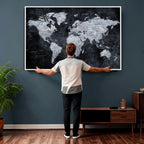Black World Map Canvas Print | Detailed Map for Couples and Anniversary Gift