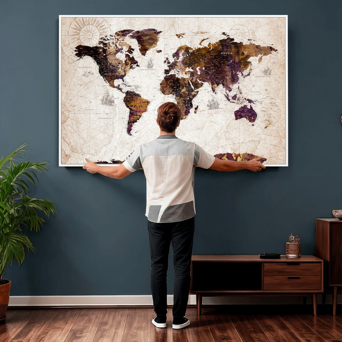 Blue Watercolor World Map Canvas Print | Framed Modern Wall Art