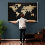 Beige World Map Canvas Wall Art Print, Minimal Black and Beige Map
