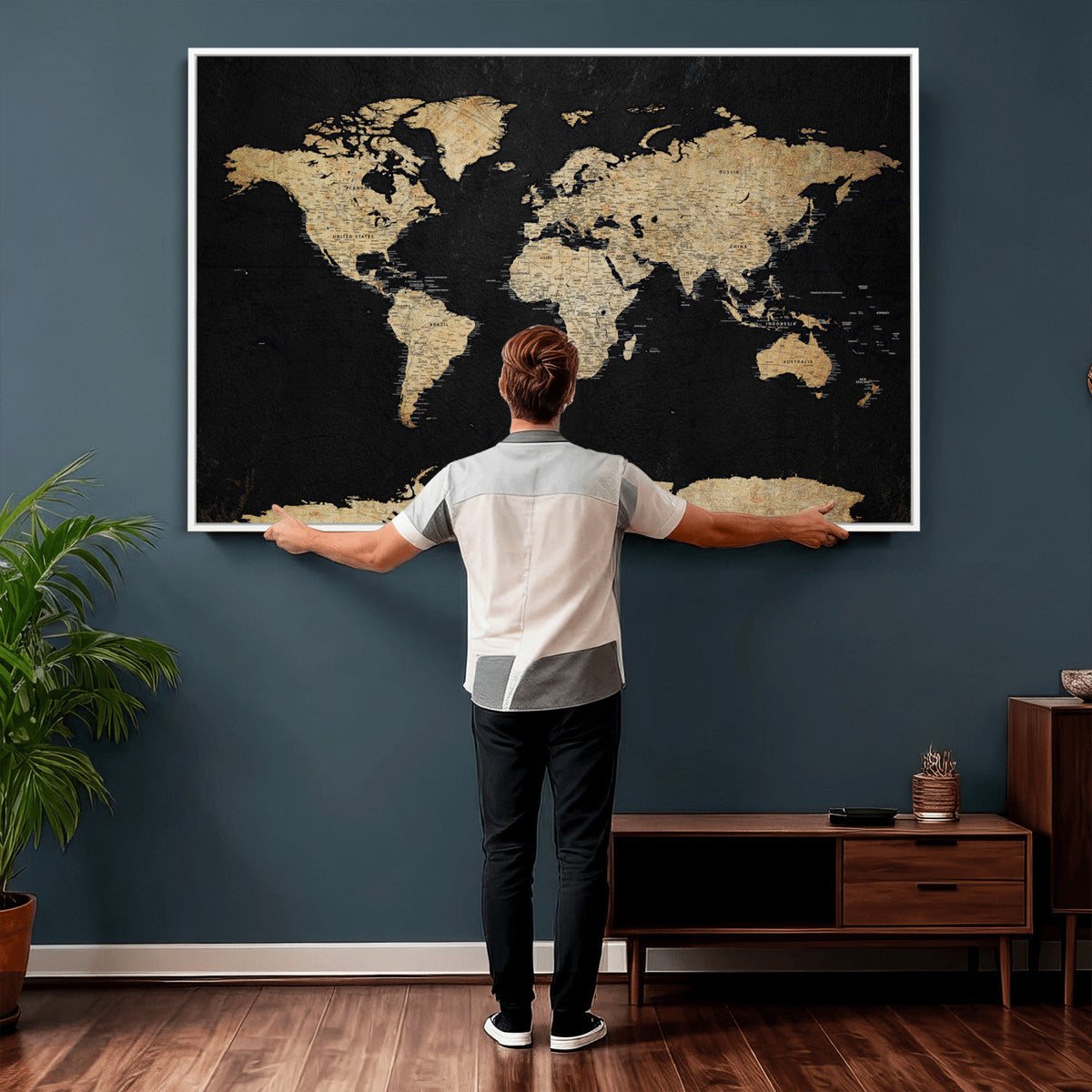 Beige World Map Canvas Wall Art Print, Minimal Black and Beige Map