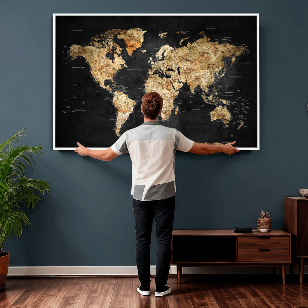 World Map Canvas Wall Art with Famous Landmarks | Framed Travel Map