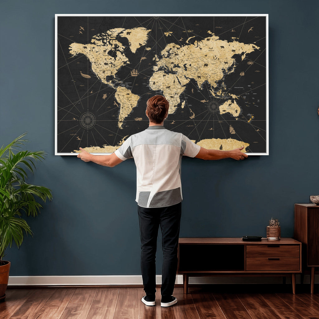 Vintage Blue and Brown World Map Canvas Wall Art | Framed Rustic Map Print